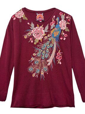 JOHNNY WAS QUITO THERMAL KNIT TEE BOHO FLORAL PEACOCK EMBROIDERY RELAXED CHIC PS